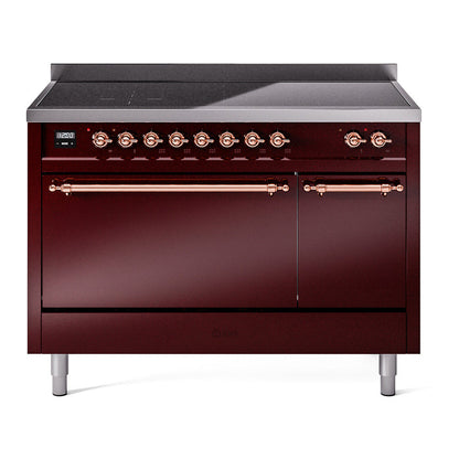 ILVE Nostalgie II 48-Inch Induction Range with 6 Induction Elements, 5.02 cu. ft. Oven, Burgundy with Copper Trim, Solid Door, UPI486QNMPBUP