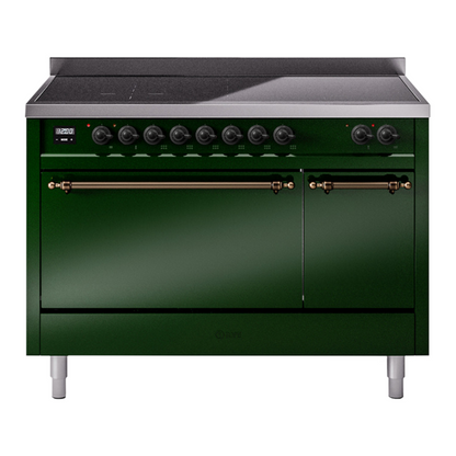 ILVE Nostalgie II 48-Inch Induction Range with 6 Induction Elements, 5.02 cu. ft. Oven, Emerald Green with Burnished Trim, Solid Door, UPI486QNMPEGB