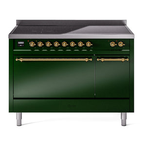 ILVE Nostalgie II 48-Inch Induction Range with 6 Induction Elements, 5.02 cu. ft. Oven, Emerald Green with Brass Trim, Solid Door, UPI486QNMPEGG