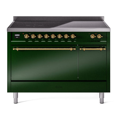 ILVE Nostalgie II 48-Inch Induction Range with 6 Induction Elements, 5.02 cu. ft. Oven, Emerald Green with Brass Trim, Solid Door, UPI486QNMPEGG