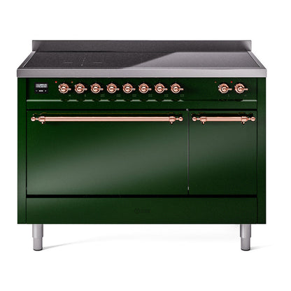 ILVE Nostalgie II 48-Inch Induction Range with 6 Induction Elements, 5.02 cu. ft. Oven, Emerald Green with Copper Trim, Solid Door, UPI486QNMPEGP