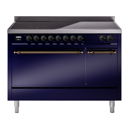ILVE Nostalgie II 48-Inch Induction Range with 6 Induction Elements, 5.02 cu. ft. Oven, Midnight Blue with Burnished Trim, Solid Door, UPI486QNMPMBB