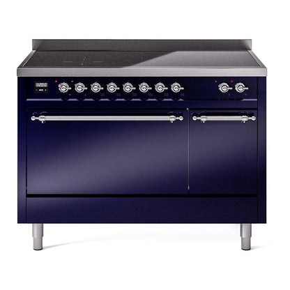ILVE Nostalgie II 48-Inch Induction Range with 6 Induction Elements, 5.02 cu. ft. Oven, Midnight Blue with Chrome Trim, Solid Door, UPI486QNMPMBC