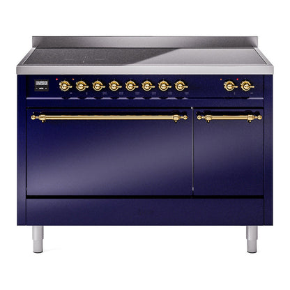 ILVE Nostalgie II 48-Inch Induction Range with 6 Induction Elements, 5.02 cu. ft. Oven, Midnight Blue with Brass Trim, Solid Door, UPI486QNMPMBG