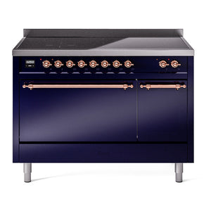 ILVE Nostalgie II 48-Inch Induction Range with 6 Induction Elements, 5.02 cu. ft. Oven, Midnight Blue with Copper Trim, Solid Door, UPI486QNMPMBP