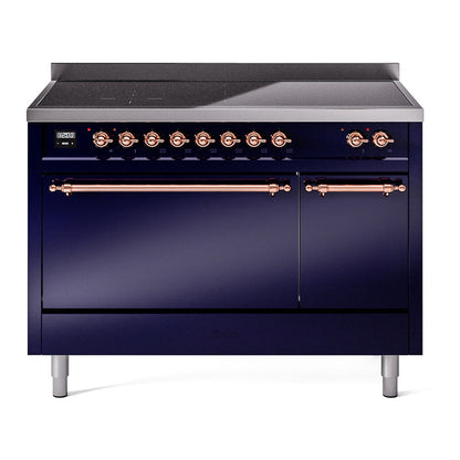 ILVE Nostalgie II 48-Inch Induction Range with 6 Induction Elements, 5.02 cu. ft. Oven, Midnight Blue with Copper Trim, Solid Door, UPI486QNMPMBP