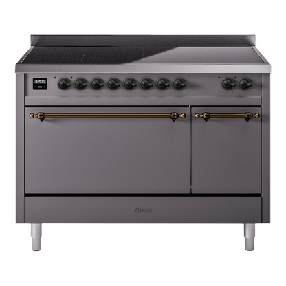 ILVE Nostalgie II 48-Inch Induction Range with 6 Induction Elements, 5.02 cu. ft. Oven, Graphite Matte with Burnished Trim, Solid Door, UPI486QNMPMGB
