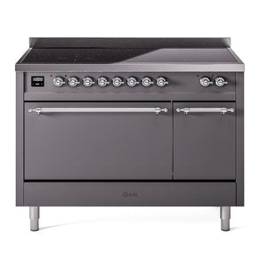 ILVE Nostalgie II 48-Inch Induction Range with 6 Induction Elements, 5.02 cu. ft. Oven, Graphite Matte with Chrome Trim, Solid Door, UPI486QNMPMGC