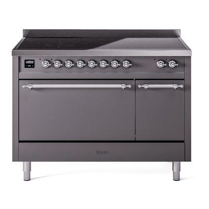 ILVE Nostalgie II 48-Inch Induction Range with 6 Induction Elements, 5.02 cu. ft. Oven, Graphite Matte with Chrome Trim, Solid Door, UPI486QNMPMGC