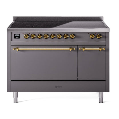 ILVE Nostalgie II 48-Inch Induction Range with 6 Induction Elements, 5.02 cu. ft. Oven, Graphite Matte with Brass Trim, Solid Door, UPI486QNMPMGG
