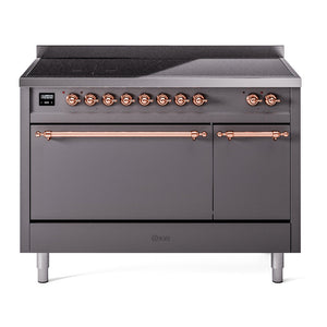ILVE Nostalgie II 48-Inch Induction Range with 6 Induction Elements, 5.02 cu. ft. Oven, Graphite Matte with Copper Trim, Solid Door, UPI486QNMPMGP