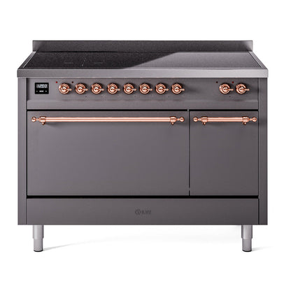 ILVE Nostalgie II 48-Inch Induction Range with 6 Induction Elements, 5.02 cu. ft. Oven, Graphite Matte with Copper Trim, Solid Door, UPI486QNMPMGP