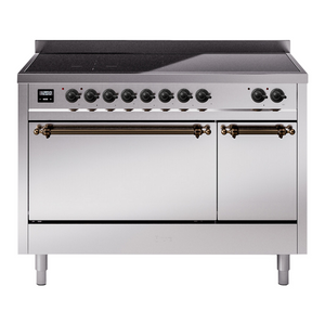 ILVE Nostalgie II 48-Inch Induction Range with 6 Induction Elements, 5.02 cu. ft. Oven, Stainless Steel with Burnished Trim, Solid Door, UPI486QNMPSSB