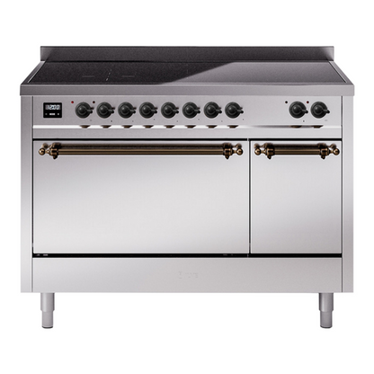 ILVE Nostalgie II 48-Inch Induction Range with 6 Induction Elements, 5.02 cu. ft. Oven, Stainless Steel with Burnished Trim, Solid Door, UPI486QNMPSSB