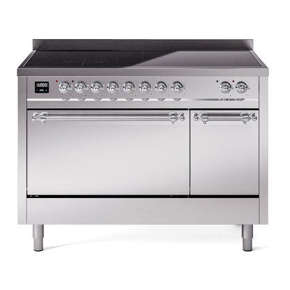 ILVE Nostalgie II 48-Inch Induction Range with 6 Induction Elements, 5.02 cu. ft. Oven, Stainless Steel with Chrome Trim, Solid Door, UPI486QNMPSSC