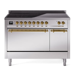 ILVE Nostalgie II 48-Inch Induction Range with 6 Induction Elements, 5.02 cu. ft. Oven, Stainless Steel with Brass Trim, Solid Door, UPI486QNMPSSG