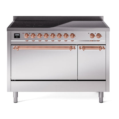 ILVE Nostalgie II 48-Inch Induction Range with 6 Induction Elements, 5.02 cu. ft. Oven, Stainless Steel with Copper Trim, Solid Door, UPI486QNMPSSP