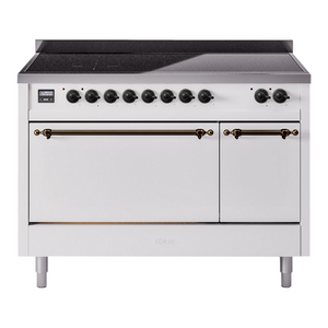 ILVE Nostalgie II 48-Inch Induction Range with 6 Induction Elements, 5.02 cu. ft. Oven, White with Burnished Trim, Solid Door, UPI486QNMPWHB