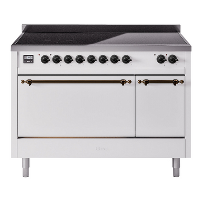 ILVE Nostalgie II 48-Inch Induction Range with 6 Induction Elements, 5.02 cu. ft. Oven, White with Burnished Trim, Solid Door, UPI486QNMPWHB