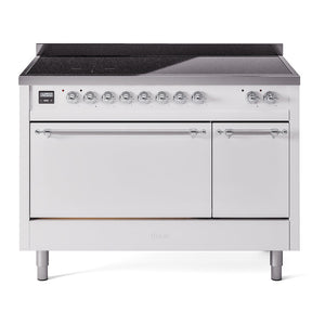 ILVE Nostalgie II 48-Inch Induction Range with 6 Induction Elements, 5.02 cu. ft. Oven, White with Chrome Trim, Solid Door, UPI486QNMPWHC