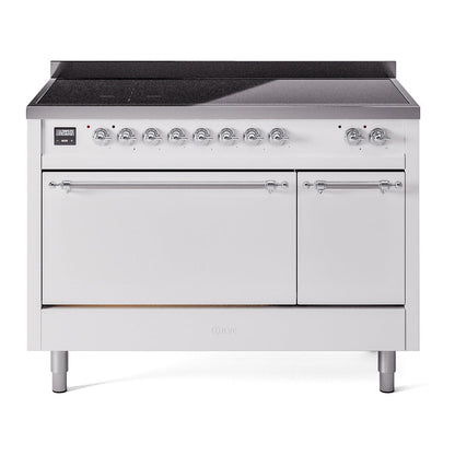 ILVE Nostalgie II 48-Inch Induction Range with 6 Induction Elements, 5.02 cu. ft. Oven, White with Chrome Trim, Solid Door, UPI486QNMPWHC