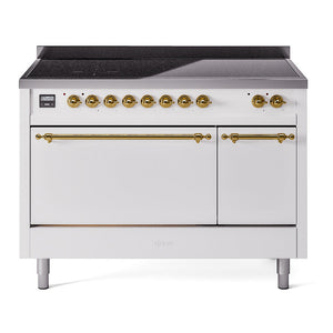 ILVE Nostalgie II 48-Inch Induction Range with 6 Induction Elements, 5.02 cu. ft. Oven, White with Brass Trim, Solid Door, UPI486QNMPWHG