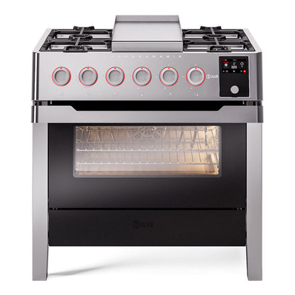 ILVE Panoramagic 36-Inch Dual Fuel Range with 6 Sealed Burners + Griddle, 3.5 cu. ft. Oven, Stainless Steel, Liquid Propane, Triple Glass Door, UPM09FDS3SSLP