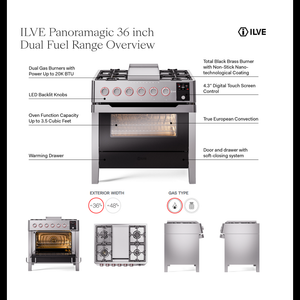 ILVE Panoramagic 36-Inch Dual Fuel Range with 6 Sealed Burners + Griddle, 3.5 cu. ft. Oven, Stainless Steel, Liquid Propane, Triple Glass Door, UPM09FDS3SSLP