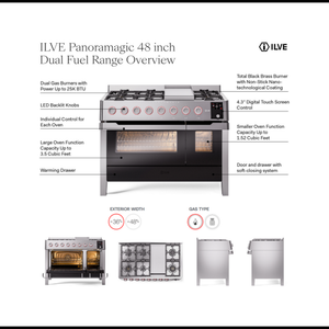 ILVE Panoramagic 48-Inch Dual Fuel Range with 8 Sealed Burners + Griddle, 5.02 cu. ft. Oven, Stainless Steel, Liquid Propane, Triple Glass Door, UPM12FDS3SSLP