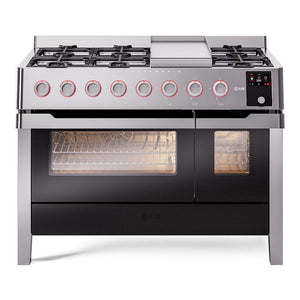 ILVE Panoramagic 48-Inch Dual Fuel Range with 8 Sealed Burners + Griddle, 5.02 cu. ft. Oven, Stainless Steel, Natural Gas, Triple Glass Door, UPM12FDS3SS