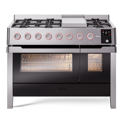 ILVE Panoramagic 48-Inch Dual Fuel Range with 8 Sealed Burners + Griddle, 5.02 cu. ft. Oven, Stainless Steel, Natural Gas, Triple Glass Door, UPM12FDS3SS