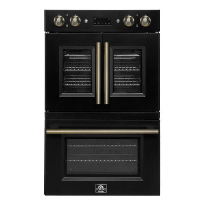 FORNO Asti 30" 7.36 cu. ft. French Door Double Electric Wall Oven with Air Fry, Self-Clean and Sous Vide in Black with Antique Brass Accents, FBOEL1340-30BLK