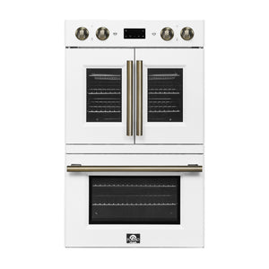 FORNO Asti 30" 7.36 cu. ft. French Door Double Electric Wall Oven with Air Fry, Self-Clean and Sous Vide in White with Antique Brass Accents, FBOEL1340-30WHT