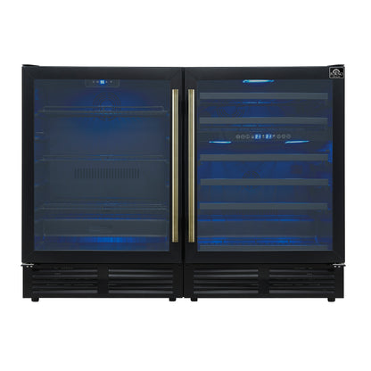 FORNO Gemello 48" Side-by-Side Wine and Beverage Cooler in Black with Antique Brass Handles, FWCDR6699-48BLK