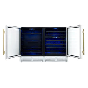 FORNO Gemello 48" Side-by-Side Wine and Beverage Cooler in White with Antique Brass Handles,  FWCDR6699-48WHT