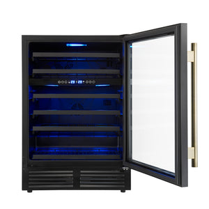 FORNO Bacchino 24" 51 Bottle 2 Zone Wine Cooler with LED Lighting and Triple Glass Door in Black with Antique Brass Accents, FWCDR6634-24KBLK