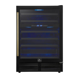 FORNO Bacchino 24" 51 Bottle 2 Zone Wine Cooler with LED Lighting and Triple Glass Door in Black with Antique Brass Accents, FWCDR6634-24KBLK