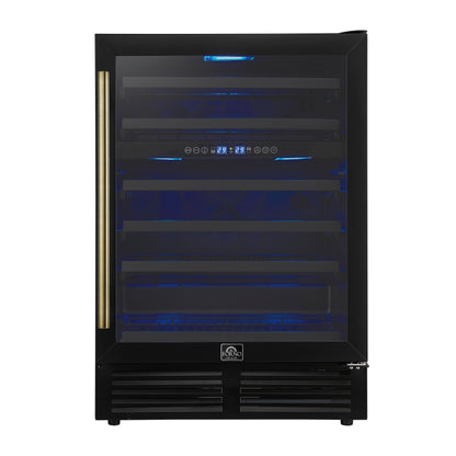 FORNO Bacchino 24" 51 Bottle 2 Zone Wine Cooler with LED Lighting and Triple Glass Door in Black with Antique Brass Accents, FWCDR6634-24KBLK