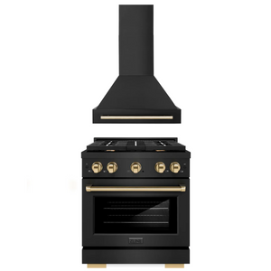 ZLINE Autograph Package - 30 In. Gas Range, Range Hood in Black Stainless Steel with Gold Accents, 2AKP-RGBRH30-G