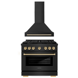 ZLINE Autograph Package - 36 In. Gas Range, Range Hood in Black Stainless Steel with Gold, 2AKP-RGBRH36-G
