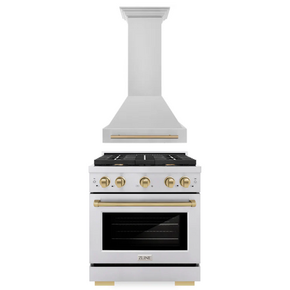 ZLINE Autograph Package - 30 In. Gas Range, Range Hood in Stainless Steel with Champagne Bronze Accents, 2AKP-RGRH30-CB