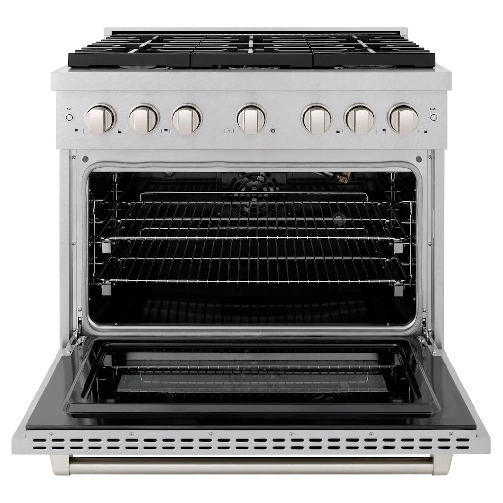 Front view of a ZLINE 36-inch gas range with six burners and a convection oven in DuraSnow stainless steel, with the oven door open. The image highlights the spacious interior with multiple racks, robust control knobs, and the oven's sleek design