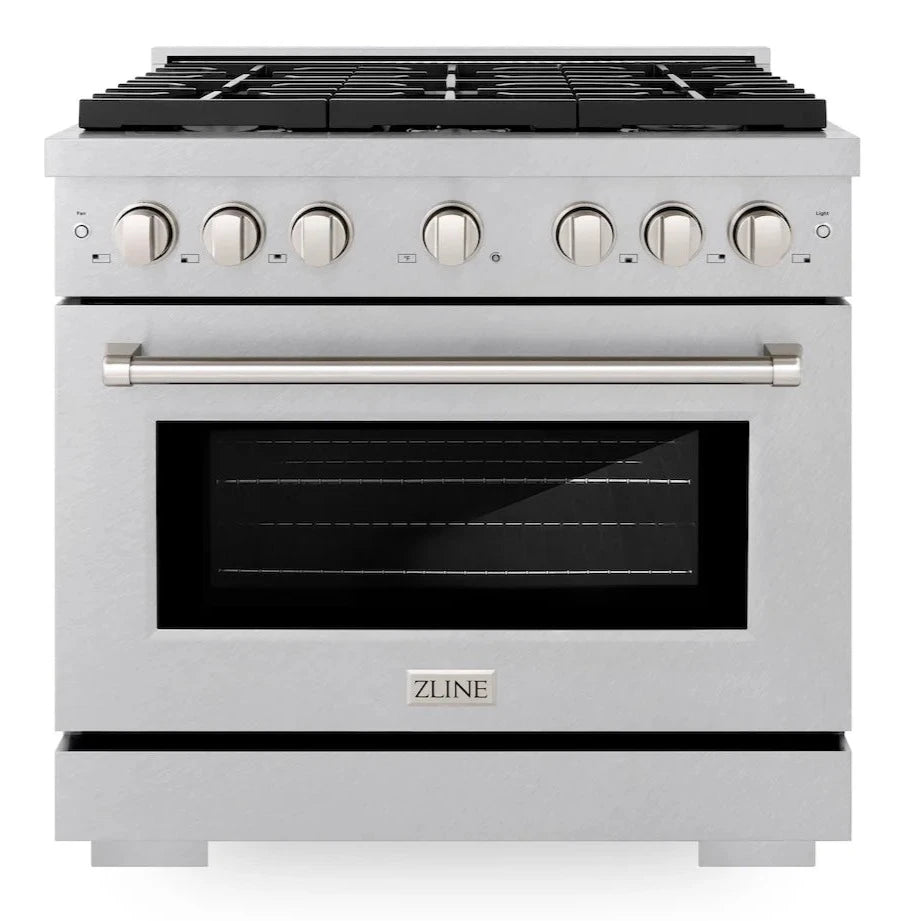 Front view of the ZLINE 36-inch gas range with six burners and convection oven in DuraSnow stainless steel. The appliance features six control knobs, a sturdy handle on the oven door, and a sleek design, highlighting the ZLINE logo at the bottom