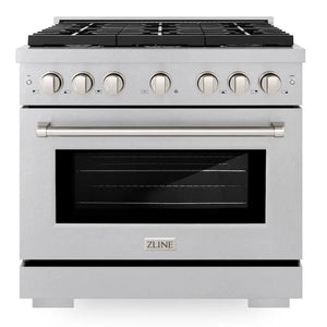 Front view of the ZLINE 36-inch gas range with six burners and convection oven in DuraSnow stainless steel. The appliance features six control knobs, a sturdy handle on the oven door, and a sleek design, highlighting the ZLINE logo at the bottom
