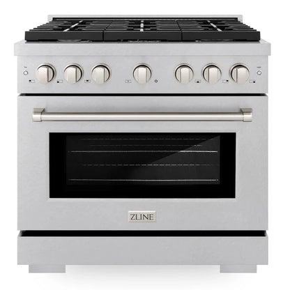 Front view of the ZLINE 36-inch gas range with six burners and convection oven in DuraSnow stainless steel. The appliance features six control knobs, a sturdy handle on the oven door, and a sleek design, highlighting the ZLINE logo at the bottom