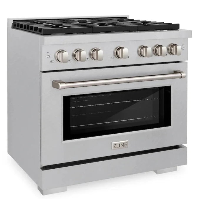 Angled view of the ZLINE 36-inch gas range with six burners and a convection oven in DuraSnow stainless steel. The appliance features six control knobs, a robust handle, and a sleek design, highlighting its high-end construction and functionality