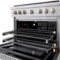 Front view of the ZLINE 36-inch gas range with the oven door open, showcasing the interior lit by two oven lights. The image highlights the robust control knobs and multiple oven racks, emphasizing the convection oven's capacity and efficiency in a sleek stainless steel finish