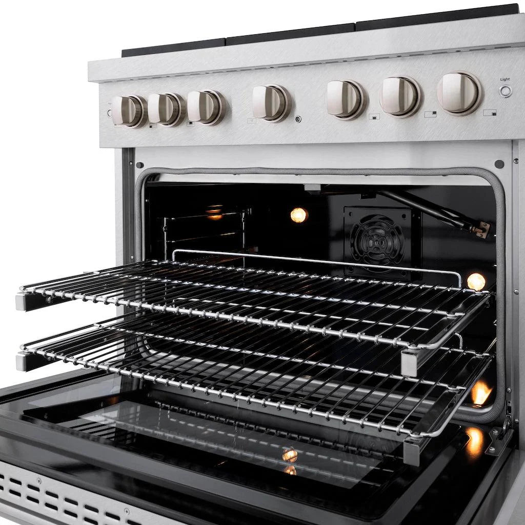 Front view of the ZLINE 36-inch gas range with the oven door open, showcasing the interior lit by two oven lights. The image highlights the robust control knobs and multiple oven racks, emphasizing the convection oven's capacity and efficiency in a sleek stainless steel finish