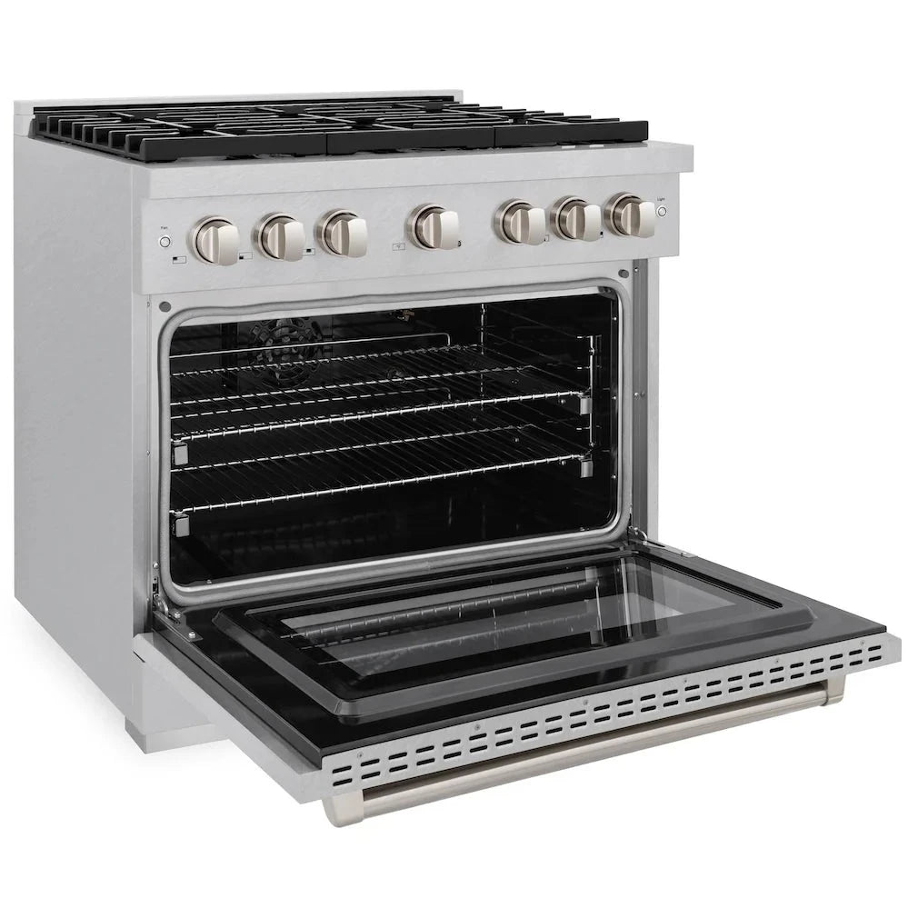 Side view of the ZLINE 36-inch gas range with the oven door open, revealing the spacious interior and multiple oven racks. The stainless steel exterior and six control knobs are visible, demonstrating the appliance's functionality and modern design