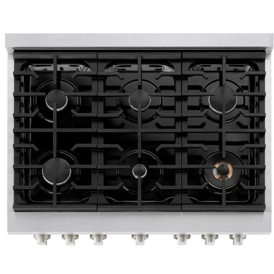 Top-down view of a ZLINE 36-inch gas range featuring six burners with black cast iron grates, including a brass burner in the center. The design showcases the arrangement and spacing of the burners, highlighting the robust build and functionality of the range.